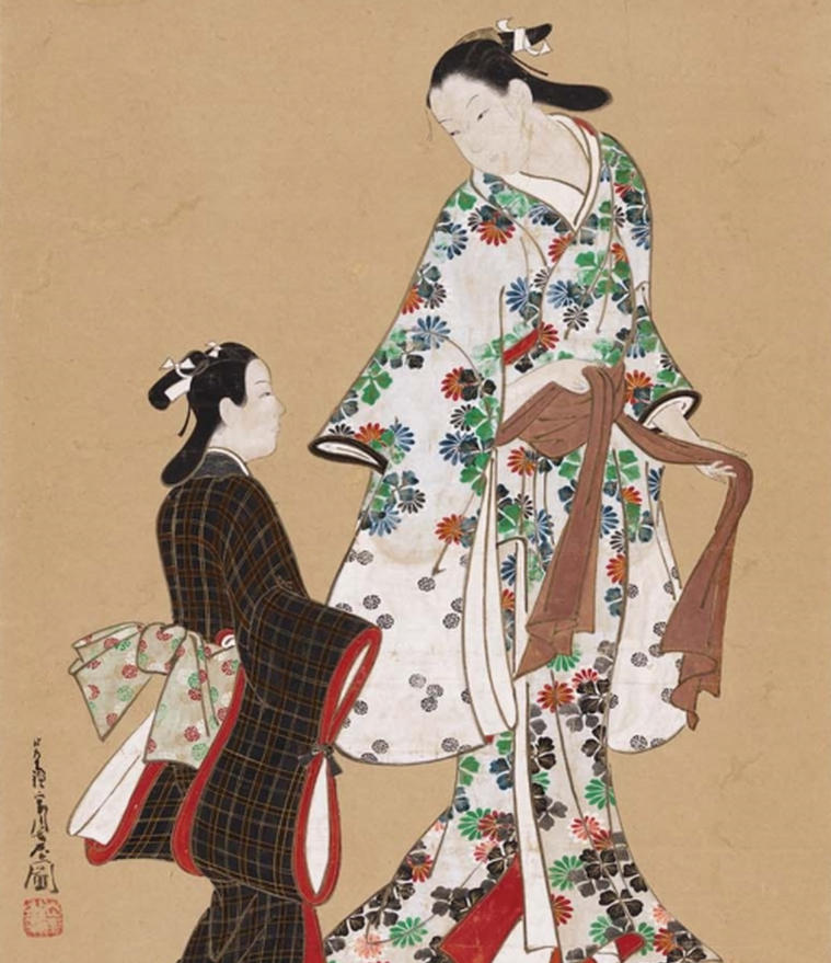 A courtesan with the long, fluttering sleeves of an underaged girl